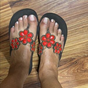 Yellow Box Red and Black Sandals with Decorative Ornaments